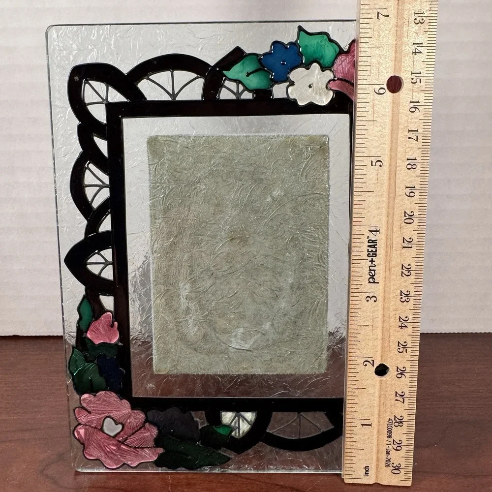 Vintage Joan Baker Designs Floral Hand-Painted Glass Photo Frame 1997 2.5x3.5